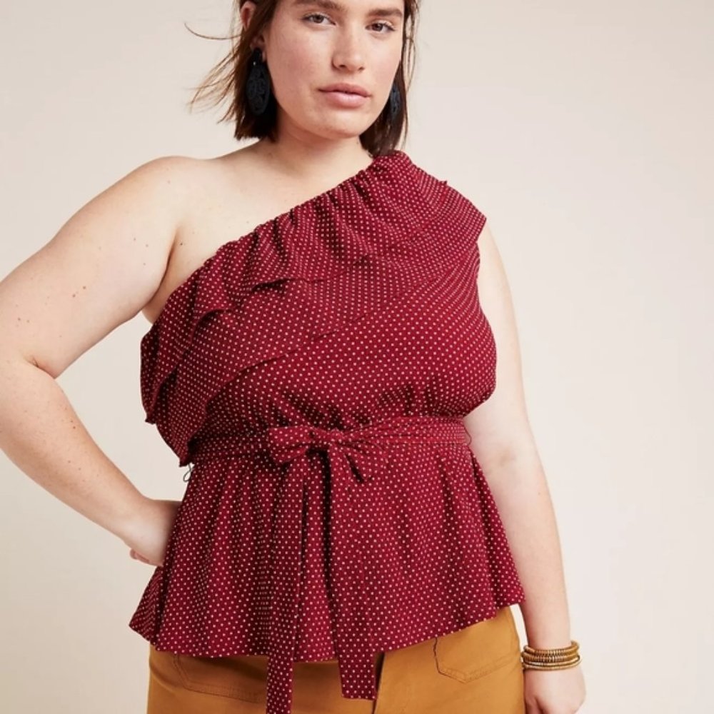 Anthropologie Maeve Rita red and white polka dot one-shoulder ruffle blouse size